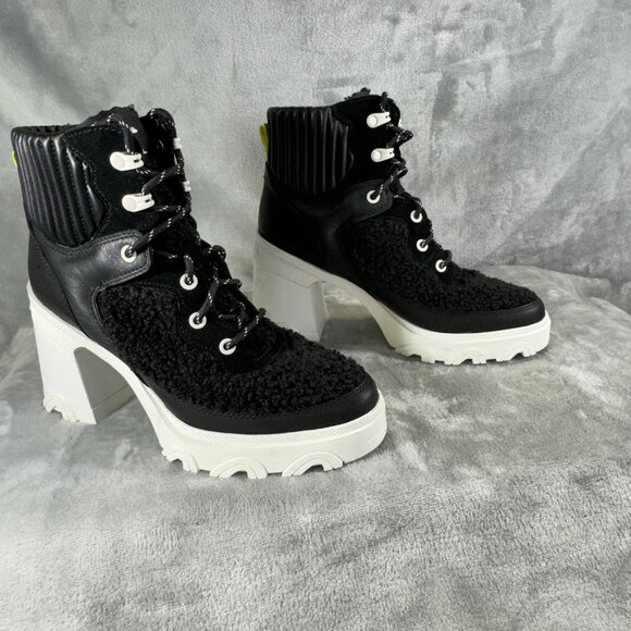 Sorel Womens boots 8.5 Brex Black leather Faux shearling block heel lace-up boot - Picture 8 of 16